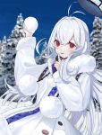  1girl absurdres antenna_hair artist_request azur_lane bangs coat crossed_bangs earmuffs eyebrows_behind_hair finger_to_mouth fur_coat highres long_hair outdoors red_eyes snowball solo stremitelny_(azur_lane) tree upper_body very_long_hair white_coat white_hair winter winter_clothes 