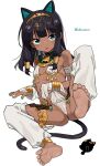  1girl animal_ears ankh bangs barefoot black_hair blunt_bangs bracelet cat_ears cat_tail dark_skin egyptian_clothes feet flat_chest green_eyes harem_pants highres hime_cut jewelry long_hair lying nail_polish on_back open_mouth original pants shisoneri simple_background soles solo tail thighlet twitter_username usekh_collar white_background 