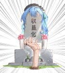  black_headwear blue_hair emphasis_lines flower hands hat highres hololive hoshimachi_suisei jewelry juice_box objectification open_hand orange_nails pink_flower reaching_out ring tombstone tsukino_(nakajimaseiki) vase virtual_youtuber 