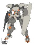  buroron full_body gun highres holding holding_gun holding_shield holding_weapon looking_down mecha no_humans original science_fiction shield solo standing visor weapon white_background 