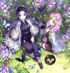  2girls bangs belt black_jacket black_legwear black_pants black_skirt breasts bug butterfly butterfly_hair_ornament closed_mouth commentary_request day flower food from_above gradient_hair green_hair green_legwear hair_ornament hand_up haori highres insect jacket japanese_clothes kanroji_mitsuri kimetsu_no_yaiba knee_up kochou_shinobu large_breasts long_hair long_sleeves looking_at_viewer looking_up military military_uniform miniskirt mole mole_under_eye multicolored_hair multiple_girls nardack no_bra open_clothes open_jacket open_shirt outdoors pants parted_bangs petals pink_hair plate pleated_skirt purple_flower purple_hair shirt sitting sitting_on_ground skirt smile thigh-highs thighs tri_braids uniform white_belt white_shirt wide_sleeves wisteria 