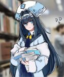  1girl bangs blue_eyes blue_hair blurry blurry_background book chinese_commentary expressionless fur_trim hairband head_tilt holding holding_book hololive hololive_china librarian library looking_at_viewer open_book photo_background rosalyn_(hololive) sketch solo virtual_youtuber white_hairband yami_usagi 