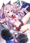  1girl animal_ears arm_up azur_lane bare_legs belt black_gloves blush bow bowtie braid breasts crop_top fang fingerless_gloves from_side gloves grin hair_between_eyes hair_ornament hairpin happy highres imo_bouya leg_up long_hair looking_at_viewer mechanical_ears medium_breasts midriff miniskirt multicolored multicolored_nails nail_polish navel paw_print pink_eyes pink_nails pleated_skirt red_eyes red_nails red_neckwear sailor_collar school_uniform serafuku shirt short_sleeves side_slit silver_hair single_braid skin_tight skirt slit_pupils smile solo stomach_tattoo tattoo thighs turret very_long_hair weapon white_shirt yellow_nails yuudachi_(azur_lane) 