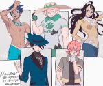  1girl 4boys arm_up bangs beige_headwear black_shirt blue_hair blue_headwear blue_jacket buttons closed_mouth commentary_request dahlia_(pokemon) floating_hair freckles gloves goggles goggles_around_neck green_eyes gym_leader hand_up hat helmet jacket long_hair marlon_(pokemon) milo_(pokemon) multiple_boys navel p-40_(tukinosita-de) pants pink_hair pokemon pokemon_(game) pokemon_bw2 pokemon_dppt pokemon_platinum pokemon_swsh ribbed_shirt riley_(pokemon) roark_(pokemon) shirt shirtless short_sleeves smile sun_hat tan tanline yellow_shirt 