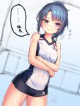  1girl alice_gear_aegis blue_hair bra closed_mouth commentary_request covered_navel cowboy_shot crossed_arms doyouwantto ear gym_uniform looking_at_viewer panties ponytail see-through signature slee sleeveless smile solo sweat takanashi_rei underwear violet_eyes 