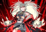  1girl animal_ears black_jacket breasts claws clenched_teeth ear_piercing fur_trim grey_hair grey_skirt halter_top halterneck hololive hololive_alternative jacket lion_ears lion_girl lion_paws looking_down medium_breasts mochizuki_maya navel open_hands piercing sharp_teeth shishiro_botan sidelocks single_legging skirt solo teeth thigh_strap twintails v-shaped_eyebrows virtual_youtuber 