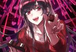  1girl bangs black_hair box chocolate collarbone eyebrows_visible_through_hair fang feeding food heart highres holding holding_box holding_chocolate holding_food holding_heart jewelry long_hair looking_at_viewer necklace open_mouth original pink_ribbon red_eyes red_sweater ribbon smile solo sweater upper_body valentine wattaro 