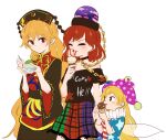  3girls american_flag american_flag_dress american_flag_shirt bangs black_dress black_shirt blonde_hair blush chain chinese_clothes clownpiece commentary_request crescent dress earth_(ornament) fairy fairy_wings food frilled_shirt_collar frills gold_chain hat headdress hecatia_lapislazuli holding holding_food ice_cream jester_cap junko_(touhou) licking long_hair moon_(ornament) multicolored multicolored_clothes multicolored_skirt multiple_girls off-shoulder_shirt off_shoulder plaid plaid_skirt polka_dot polka_dot_headwear polos_crown red_eyes redhead shikushiku_(amamori_weekly) shirt skirt standing star_(symbol) star_print t-shirt tongue touhou white_background wide_sleeves wings 
