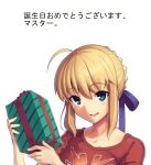  1girl ahoge artoria_pendragon_(all) blonde_hair boa_(brianoa) braid braided_bun commentary fate/stay_night fate_(series) green_eyes hair_ribbon looking_at_viewer open_mouth ribbon saber short_hair simple_background smile solo transparent_background 