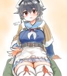  1girl apron artist_name bandana black_hair blue_sailor_collar blue_serafuku blue_skirt breasts commentary_request cowboy_shot dated hair_flaps hair_ornament hairclip headgear jingei_(kancolle) kantai_collection kirisawa_juuzou large_breasts long_hair low_ponytail neckerchief pleated_skirt red_eyes sailor_collar school_uniform serafuku sitting skirt solo thick_thighs thigh-highs thighs waist_apron white_apron white_legwear white_neckwear 