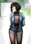  1girl absurdres arms_behind_back asymmetrical_hair black_eyes black_hair breasts chain contrapposto denim denim_jacket heart highres jewelry legwear_under_shorts looking_at_viewer medium_breasts necklace original pantyhose rain_prophet shorts smile solo 