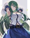  1girl arms_behind_back belt blue_eyes blue_skirt breasts collared_shirt detached_sleeves eyebrows_visible_through_hair frog frog_hair_ornament gradient gradient_background green_eyes green_hair grey_background hair_between_eyes hair_ornament hair_tubes highres kochiya_sanae large_breasts long_hair long_skirt looking_away rin_falcon shirt skirt snake snake_hair_ornament solo touhou white_background white_shirt 