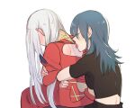  2girls back back_cutout bangs black_clothes black_shirt blue_hair blush breasts byleth_(fire_emblem) byleth_eisner_(female) closed_eyes clothing_cutout collar commentary_request crossed_arms dress ear_blush edelgard_von_hresvelg embarrassed eyebrows_visible_through_hair fire_emblem fire_emblem:_three_houses from_behind hair_between_eyes hug hug_from_behind licking licking_back long_hair long_sleeves multiple_girls puffy_long_sleeves puffy_sleeves red_dress riromomo shirt short_sleeves sidelocks simple_background tongue tongue_out turtleneck white_background white_hair yuri 
