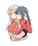  2girls arm_up bangs black_shirt blue_eyes blue_hair blush breasts byleth_(fire_emblem) byleth_eisner_(female) closed_mouth collar collared_dress commentary_request couple dress edelgard_von_hresvelg eye_contact eyebrows_visible_through_hair fire_emblem fire_emblem:_three_houses from_side hair_between_eyes hair_ornament hug hug_from_behind jewelry large_breasts long_hair long_sleeves looking_at_another multiple_girls puffy_long_sleeves puffy_sleeves red_dress riromomo shirt short_sleeves sidelocks simple_background smile upper_body violet_eyes white_background white_hair yuri 