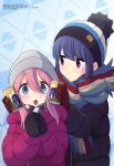  2girls :o absurdres bangs beanie black_coat black_gloves blue_eyes blue_hair can checkered checkered_scarf closed_mouth coat eyebrows_visible_through_hair gloves hair_between_eyes hands_together hat highres holding holding_can kagamihara_nadeshiko looking_at_another looking_at_viewer megami_magazine multiple_girls official_art open_mouth patterned_background pink_coat pink_hair red_gloves sasaki_mutsumi_(bee_train) scan scarf shima_rin sidelocks striped striped_scarf upper_body upper_teeth violet_eyes winter_clothes winter_coat yurucamp 