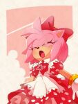 1girl amy_rose apron blush bow bowtie bracelet closed_eyes dress flower furry gloves hair_bow jewelry misuta710 open_mouth pink_flower pink_fur pink_rose puffy_short_sleeves puffy_sleeves red_bow red_dress rose short_sleeves solo sonic_the_hedgehog white_apron white_gloves 