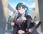  1girl arm_guards armor bangs blue_eyes blue_hair breasts building byleth_(fire_emblem) byleth_eisner_(female) cape clothing_cutout corset day eyebrows_visible_through_hair fire_emblem fire_emblem:_three_houses grey_cape hand_up holding large_breasts long_hair navel navel_cutout outdoors parted_lips shoulder_armor solo sunlight tassel underbust upper_body yamyom 