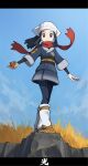  1girl absurdres black_hair blue_hair blush bodysuit female_protagonist_(pokemon_legends:_arceus) floating_scarf grass hat head_scarf highres poke_ball_(legends) pokemon pokemon_(game) pokemon_legends:_arceus ponytail red_scarf scarf sky solo white_headwear wind yoshi_(moco1) 