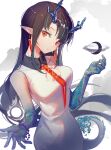  1girl arknights bare_shoulders black_hair bracelet china_dress chinese_clothes crescent_moon dress dusk_(arknights) earrings highres horns jewelry long_hair looking_at_viewer moon multicolored_hair necktie pointy_ears red_eyes shir_l1 solo streaked_hair tail 