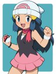  1girl :d beanie blue_eyes blue_hair blush bracelet clenched_hand commentary_request cowboy_shot hikari_(pokemon) eyelashes hair_ornament hairclip hands_up hat highres holding holding_poke_ball jewelry long_hair looking_at_viewer open_mouth poke_ball poke_ball_(basic) pokemon pokemon_(anime) pokemon_dppt_(anime) scarf sidelocks sleeveless smile solo tongue white_headwear yume_yoroi 