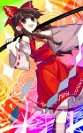  1girl :d abstract_background absurdres asuku_(69-1-31) bangs bare_shoulders blush_stickers bow brown_eyes brown_hair commentary_request dated detached_sleeves dutch_angle eyebrows_behind_hair feet_out_of_frame gohei hair_bow hair_tubes hakurei_reimu highres holding holding_stick long_hair looking_at_viewer open_mouth petticoat red_bow red_skirt red_vest ribbon-trimmed_sleeves ribbon_trim sidelocks signature skirt skirt_set smile solo standing stick touhou unconnected_marketeers vest white_legwear yellow_neckwear 
