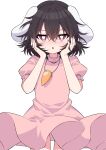 1girl absurdres animal_ears bangs black_hair bright_pupils carrot_necklace cowboy_shot dress eyebrows_visible_through_hair floppy_ears hair_between_eyes half-closed_eyes hands_on_own_cheeks hands_on_own_face highres inaba_tewi looking_at_viewer open_mouth pink_dress puffy_short_sleeves puffy_sleeves rabbit_ears red_eyes short_hair short_sleeves simple_background solo standing touhou triangle_mouth tsukimirin v-shaped_eyebrows white_background 