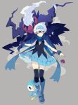  1girl alternate_eye_color beanie black_legwear black_shirt blue_eyes blue_footwear blue_hair blue_scarf blue_skirt boots commentary_request darkrai hikari_(pokemon) full_body gen_4_pokemon grey_background hat highres long_hair looking_at_viewer mythical_pokemon nikorashi-ka piplup poke_ball pokemon pokemon_(creature) pokemon_(game) pokemon_dppt scarf shirt simple_background skirt sleeveless sleeveless_shirt thigh-highs watch watch white_headwear wristband 