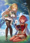  2girls absurdres bangs bare_shoulders blonde_hair breasts chest_jewel dress earrings elbow_gloves fingerless_gloves gloves highres ioriwu8 jewelry large_breasts letter long_hair mythra_(xenoblade) pantyhose pyra_(xenoblade) red_eyes redhead short_dress short_hair super_smash_bros. swept_bangs swimsuit thigh_strap tiara very_long_hair white_dress white_footwear white_gloves white_swimsuit xenoblade_chronicles_(series) xenoblade_chronicles_2 yellow_eyes 