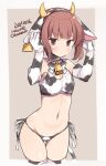  1girl alternate_costume animal_ears animal_print ass_visible_through_thighs bell bikini border brown_eyes brown_hair cow_ears cow_horns cow_print cow_tail cowbell cowboy_shot ear_tag elbow_gloves fake_animal_ears fake_horns flat_chest gloves grey_background horns kantai_collection looking_at_viewer odawara_hakone short_hair solo swimsuit tail thigh-highs two-tone_background white_bikini white_border white_gloves white_legwear z3_max_schultz_(kancolle) 