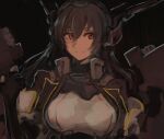  1girl bangs black_background black_gloves black_hair breasts gloves hair_between_eyes headgear highres kantai_collection large_breasts long_hair moor nagato_(kancolle) partially_fingerless_gloves red_eyes remodel_(kantai_collection) simple_background smile solo upper_body 