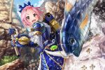  1girl armored d4dj inuyose_shinobu official_art pink_eyes pink_hair short_hair smile warrior 