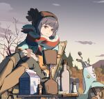  1girl blue_hair chair chinese_commentary commentary_request cup folding_chair ground_vehicle hat highres holding jacket motor_vehicle outdoors scarf scooter shima_rin sitting solo tennohi twilight violet_eyes winter_clothes yamaha_vino yurucamp 