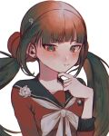  1girl bangs bbjj_927 black_sailor_collar blunt_bangs blush brown_hair closed_mouth commentary_request dangan_ronpa_(series) dangan_ronpa_v3:_killing_harmony earrings eyebrows_visible_through_hair finger_to_own_chin hair_ornament hair_scrunchie hairclip hand_up harukawa_maki highres jewelry long_hair long_sleeves looking_at_viewer mole mole_under_eye neckerchief pout red_eyes red_scrunchie sailor_collar school_uniform scrunchie serafuku shirt simple_background solo twintails upper_body white_background 