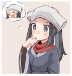  &gt;_&lt; 1girl black_hair blush blush_stickers border chibi closed_mouth commentary_request eyelashes female_protagonist_(pokemon_legends:_arceus) finger_to_own_chin grey_eyes hair_ornament hand_up highres hoshizora imagining long_hair nose_blush open_mouth pokemon pokemon_(game) pokemon_legends:_arceus red_scarf scarf sidelocks smile thought_bubble undershirt white_border |d 