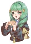  1girl :d absurdres artist_name bangs black_dress blush commentary_request cropped_torso dress eyebrows_visible_through_hair fire_emblem fire_emblem:_three_houses flayn_(fire_emblem) food green_eyes green_hair hair_intakes hair_ornament highres holding holding_food juliet_sleeves long_hair long_sleeves olivine_20 open_mouth puffy_sleeves simple_background smile solo twitter_username upper_body white_background 