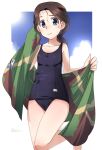  1girl black_eyes black_hair black_swimsuit blue_sky border breasts camouflage chi-hatan_(emblem) closed_mouth clouds cloudy_sky commentary_request day drying emblem girls_und_panzer green_towel hair_tie hamada_(girls_und_panzer) holding holding_towel leg_up looking_at_viewer low_ponytail medium_hair old_school_swimsuit osamada_meika outdoors outside_border partial_commentary ponytail school_swimsuit sky small_breasts smile solo standing standing_on_one_leg swimsuit towel wet white_border 