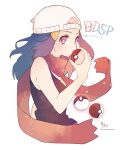  1girl bare_arms bare_shoulders beanie black_hair black_shirt commentary_request copyright_name hikari_(pokemon) glint hair_ornament hairclip hand_up hat highres holding holding_poke_ball long_hair looking_at_viewer parted_lips poke_ball poke_ball_(basic) pokemon pokemon_(game) pokemon_bdsp red_eyes red_scarf scarf shirt signature simple_background sleeveless sleeveless_shirt sofra solo twitter_username upper_body white_background white_headwear 