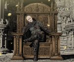  1boy armor bald black_cape black_footwear boots brown_gloves brown_pants cape crossed_legs elden_ring gloves grin head_rest highres kamezaemon leaning_to_the_side looking_at_viewer male_focus outdoors pants patches_(from_software) petals sitting smile solo teeth throne translation_request 