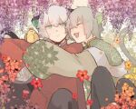 2boys animal_ears bangs bidiu_(the_legend_of_luoxiaohei) cat_boy cat_ears cat_tail closed_eyes eyebrows_visible_through_hair flower green_eyes grey_hair huangshou_(the_legend_of_luoxiaohei) long_sleeves luoxiaohei multiple_boys open_mouth orange_flower personification purple_flower red_flower sleeves_past_fingers sleeves_past_wrists smile tail the_legend_of_luo_xiaohei upper_body utz_tau white_hair wisteria 