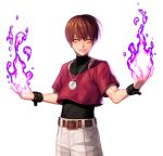  1boy bangs belt black_shirt brown_belt brown_hair chris_(kof) commentary_request covered_collarbone cowboy_shot crop_top evil_smile evilgun fingernails fire hands_up highres jewelry looking_at_viewer male_focus necklace orange_eyes orochi_chris pants parted_lips purple_fire pyrokinesis red_shirt shirt shirt_tucked_in short_hair simple_background sleeveless sleeveless_shirt smile solo standing the_king_of_fighters the_king_of_fighters_&#039;97 turtleneck white_background white_pants wristband 