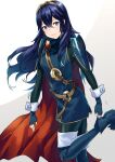  1girl ameno_(a_meno0) blue_eyes blue_hair boots cape fingerless_gloves fire_emblem fire_emblem_awakening gloves hair_between_eyes highres long_hair looking_at_viewer lucina_(fire_emblem) smile solo symbol-shaped_pupils tiara walking white_background 