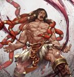  1boy abs biceps brown_hair bulge claw_pose cross_scar feet_out_of_frame fighting_stance floating_hair gradient_hair large_pectorals long_hair male_focus mature_male multicolored_hair muscular muscular_male navel necalli nipples redhead roaring scar scar_on_chest shirtless solo stomach street_fighter street_fighter_v thighs torn_clothes zoo_(oukakumaku) 