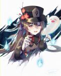  1girl :d black_nails blue_fire brown_hair cropped_torso dymao fang fire genshin_impact ghost half-closed_eyes hat highres hu_tao long_sleeves looking_at_viewer nail_polish open_mouth red_eyes signature smile symbol-shaped_pupils twintails 