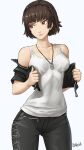  1girl bare_shoulders blue_background breasts brown_hair commentary jewelry necklace niijima_makoto ozkh pants persona persona_5 red_eyes shirt short_hair signature simple_background solo tight tight_pants white_shirt 