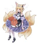  1girl animal_ears animal_on_lap arknights bangs bare_shoulders blonde_hair blue_hairband braid character_name copyright_name dress english_text fox_ears fox_tail gen_1_pokemon green_eyes gu_(gu_da_yo) hairband highres multiple_tails oripathy_lesion_(arknights) pokemon pokemon_(creature) simple_background suzuran_(arknights) tail vulpix white_background 