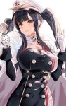  1girl azur_lane black_hair black_sash breasts cape cowboy_shot double-breasted dress eyebrows_behind_hair fur-trimmed_cape fur_trim gloves hat highres iron_blood_(emblem) iron_cross large_breasts lips long_sleeves looking_at_viewer military military_hat military_uniform naval_uniform peter_strasser_(azur_lane) pocket_watch sash simple_background solo temir twintails uniform watch white_background white_gloves 