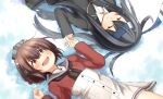  2girls black_hair blazer blue_headband brown_eyes brown_hair brown_neckwear dress grey_sailor_collar hatsushimo_(kancolle) headband headgear highres holding_hands jacket kantai_collection long_hair lying multiple_girls neckerchief on_back red_eyes red_shirt remodel_(kantai_collection) sailor_collar sailor_dress sailor_shirt school_uniform shirt short_hair tan_yang_(kancolle) white_dress yotubawatane yukikaze_(kancolle) 