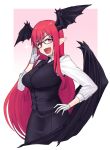  1girl :d bat_wings bespectacled black-framed_eyewear black_neckwear black_skirt black_vest black_wings breasts collared_shirt cowboy_shot cropped_legs fang glasses gloves haiiro_gundan head_wings highres koakuma large_breasts long_hair long_sleeves looking_at_viewer necktie open_mouth pink_background pointy_ears red_eyes redhead shirt simple_background skirt skirt_set smile solo touhou vest white_gloves white_shirt wing_collar wings 