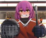  1girl 3others airisubaka artist_name bandaid bandaid_on_cheek bangs blurry blurry_background blush brown_eyes commentary eyebrows_visible_through_hair hand_up helmet hockey_stick hockey_sweater holding ice_hockey leah_(airisubaka) long_hair looking_at_viewer missing_tooth multiple_others original people purple_hair red_shirt shirt smile solo 