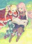  2girls bangs beatrice_(re:zero) blonde_hair blue_eyes book boots brown_footwear capelet commentary_request day eyebrows_visible_through_hair eyelashes fur-trimmed_capelet fur_trim grass highres holding holding_book lewes_meyer long_hair multiple_girls open_mouth outdoors parupin pink_hair pointing pointy_ears re:zero_kara_hajimeru_isekai_seikatsu reading red_capelet shoes sitting sleeveless smile striped striped_legwear symbol-shaped_pupils tongue 
